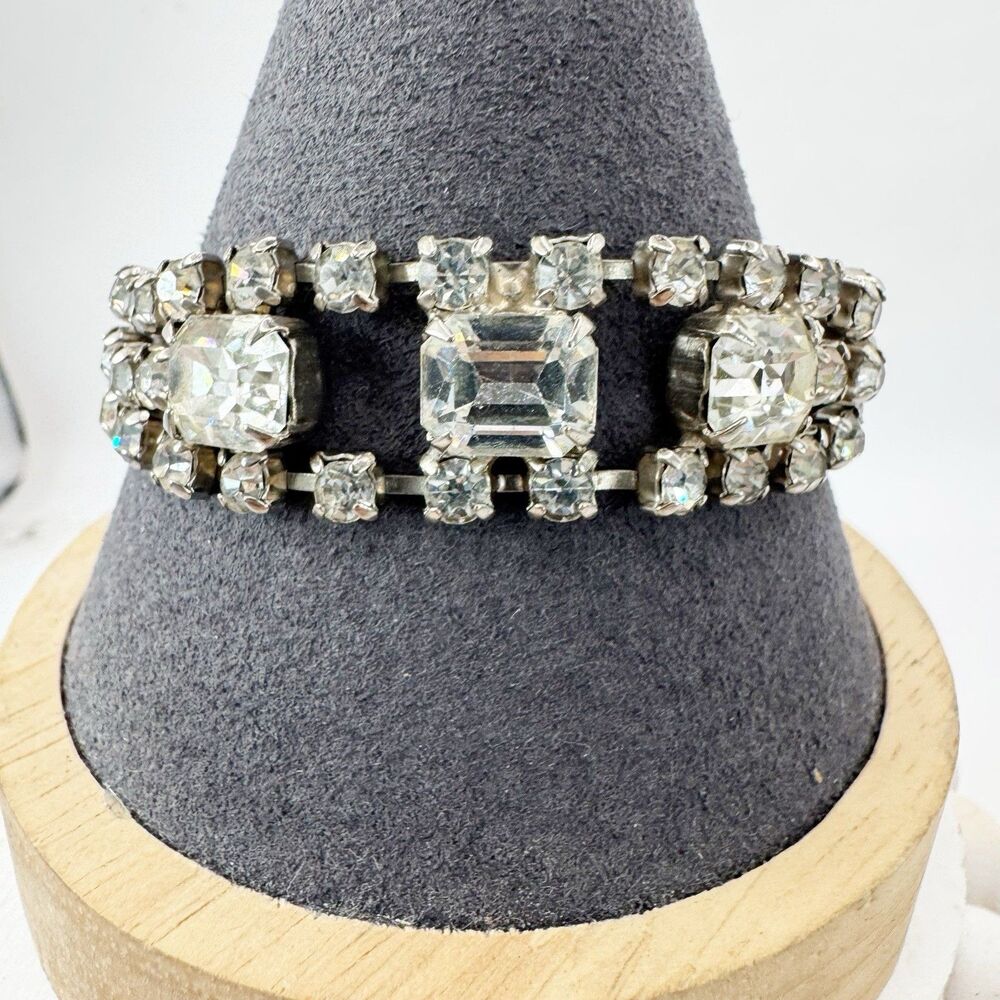 Vtg Coro clear Rhinestone Evening Wear Bracelet With Large Emerald Cut Stones